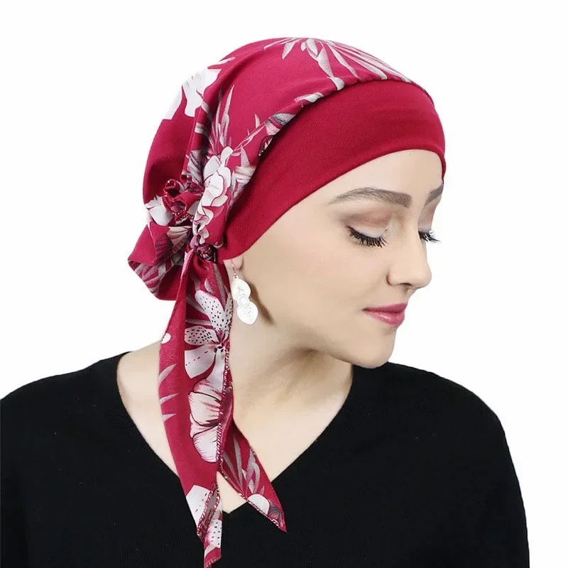 Women's Muslim Hijab Cancer Chemo Caps Flower Print Turban Cap Hair Loss Headscarf Elastic Cotton Muslim Hijab Scarf Headwear