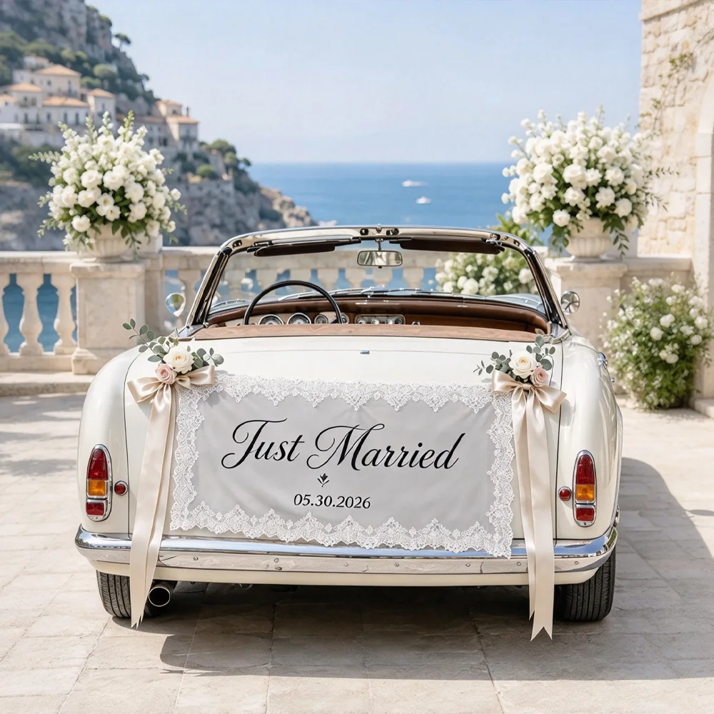 Personalized Just Married Wedding Car Banner, Custom sheer Tapestry with Lace, Newlywed Getaway Car Sign, Wedding Photo Prop