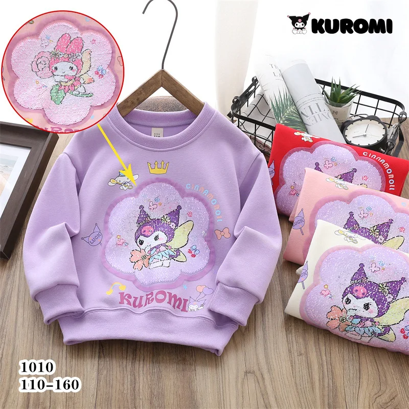 

Sanrio Kuromi Autumn Children Hoodie Girl Heart Sweet Cute Cartoon Anime Casual Long Sleeve T-Shirt Babys Top Tide Gift for Kids