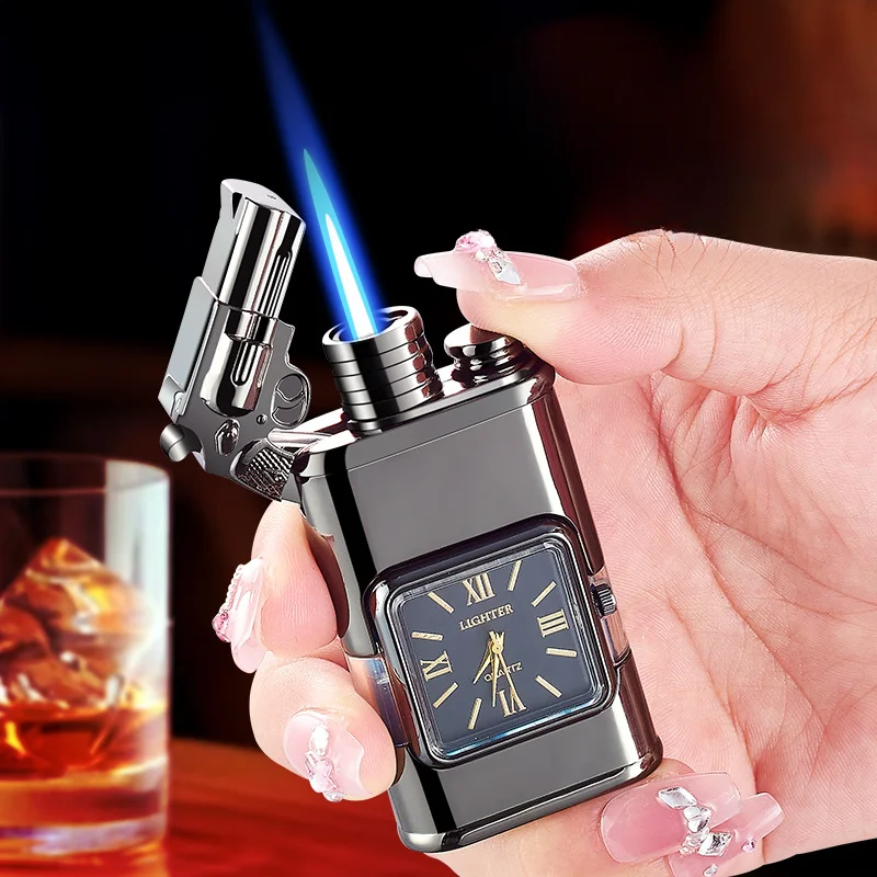 2024 New Metal Direct Fire Dual Fire Switching True Quartz Dial Visible Window Inflatable Windproof Lighter Smoking Accessories