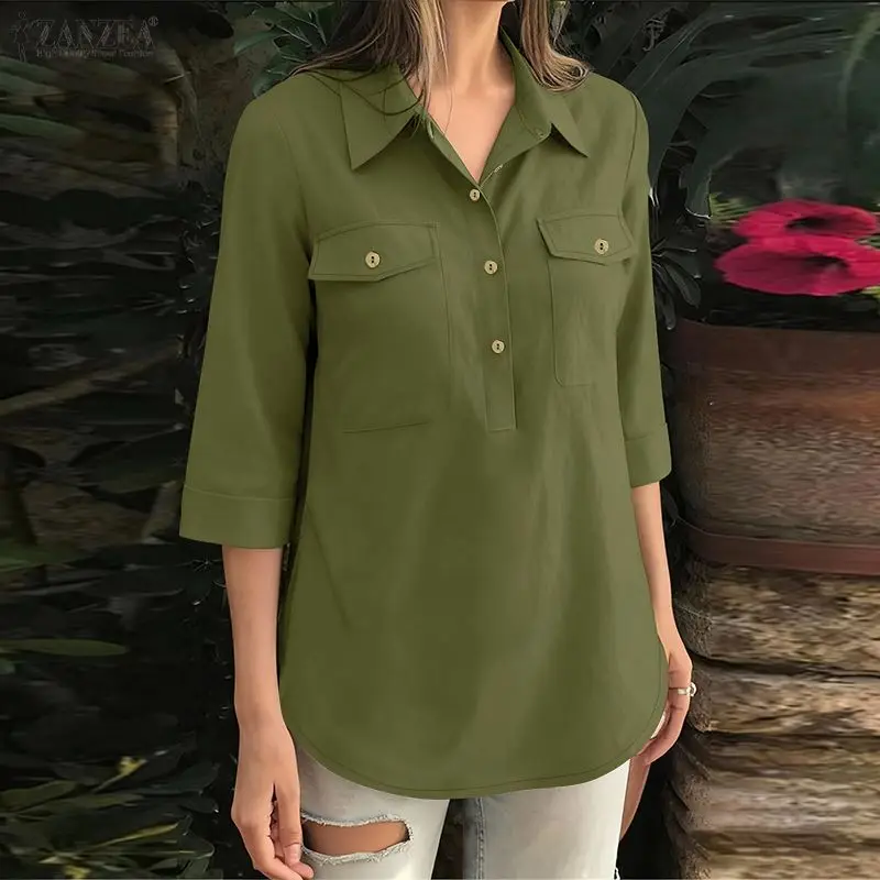 ZANZEA Mode Frauen Hemd Herbst Büro Arbeit Bluse Vintage Revers Hals 3/4 Hülse Tops Frühling Casual Solide Tasten Busas Tunika