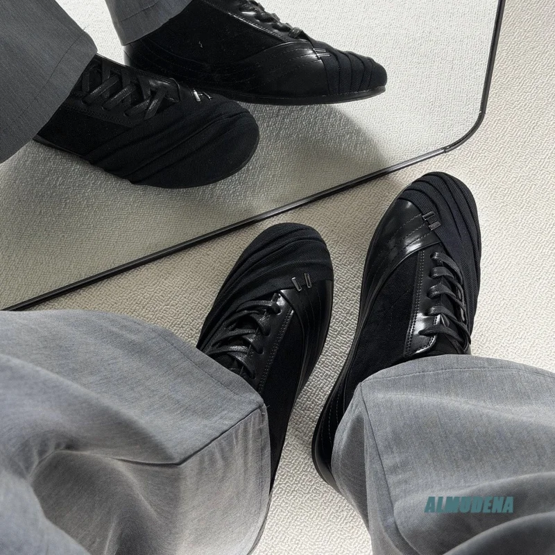 Lace-Up Thin Sole Casual Shoes Chic Black Gathered Fabric Men's Low Top Sneakers Outdoor Daily Trendy Round Toe Walking Shoes