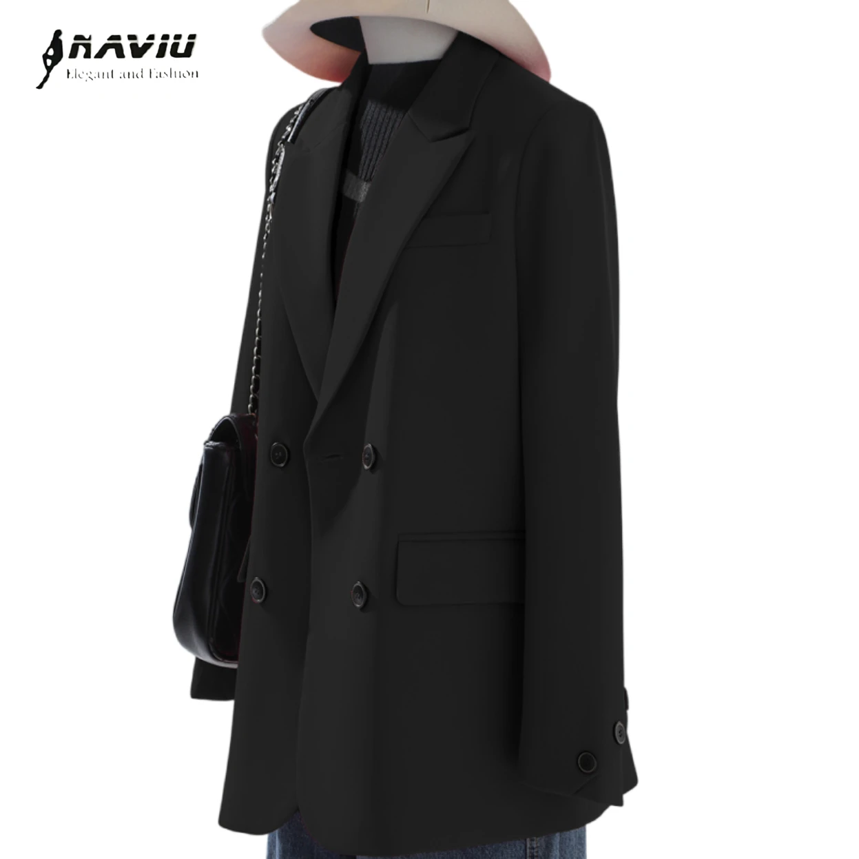 

NAVIU Fashion Temperament Blazer Women New Professional Formal Casual Double Breasted Loose Jacket Office Ladies Work Coat Black