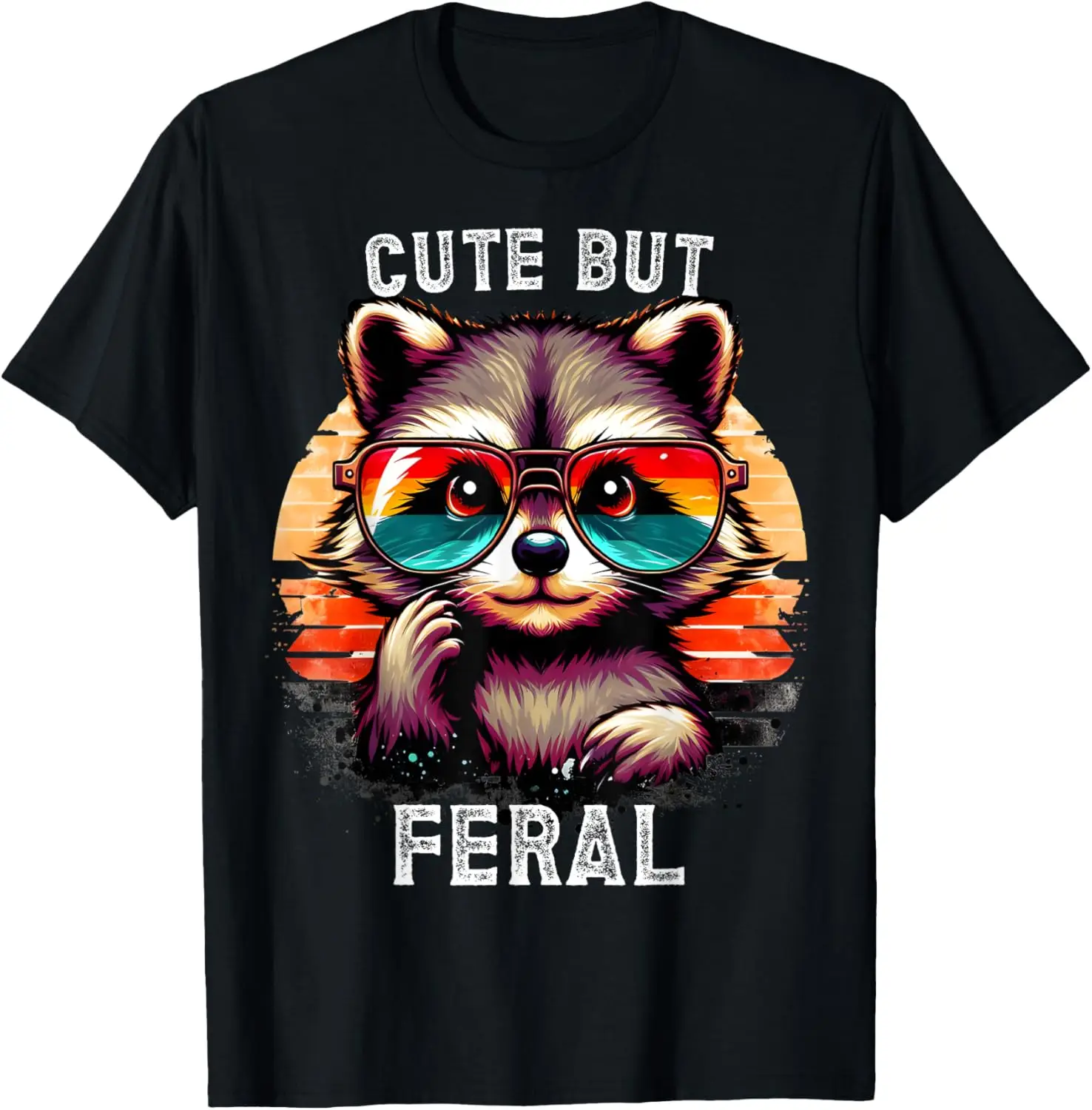 Cute But Feral Raccoon Vintage Colorful Raccoon Sunglasses T-Shirt