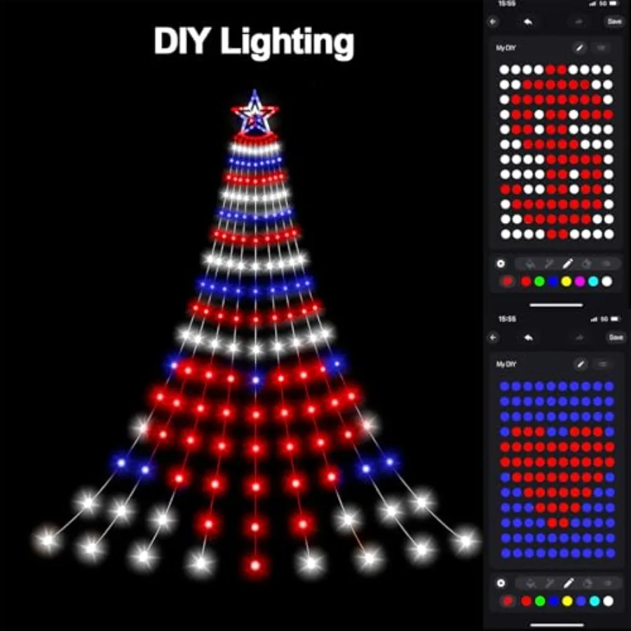 Smart 4th of July Decorations Lights, 18Feet LED Large DIY Red White Blue Waterfall Tree Lights with Remote Timer Light Music S - view 4