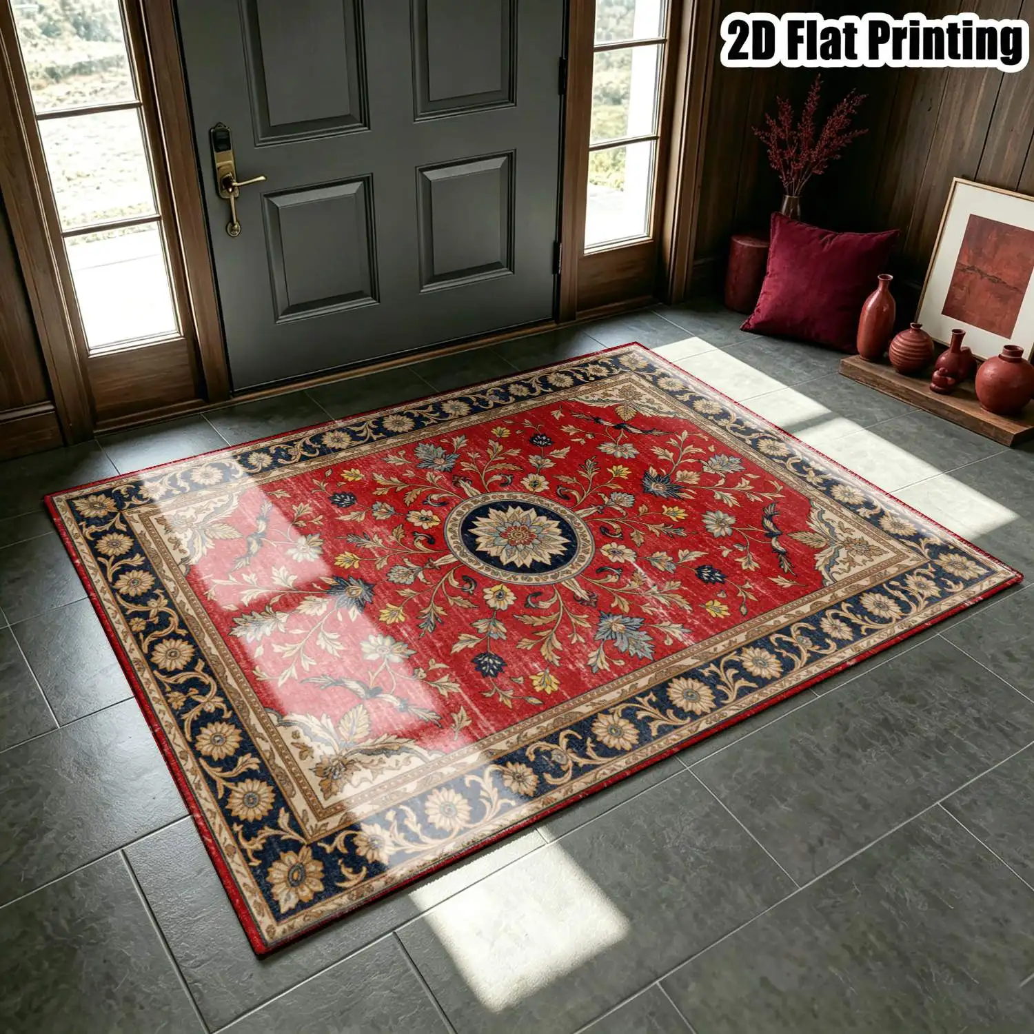 1Pc 2D Printed Carpet with Red-Brown Retro Floral Pattern, Ideal for Home Decor, Machine Washable, Multi-Scene Use