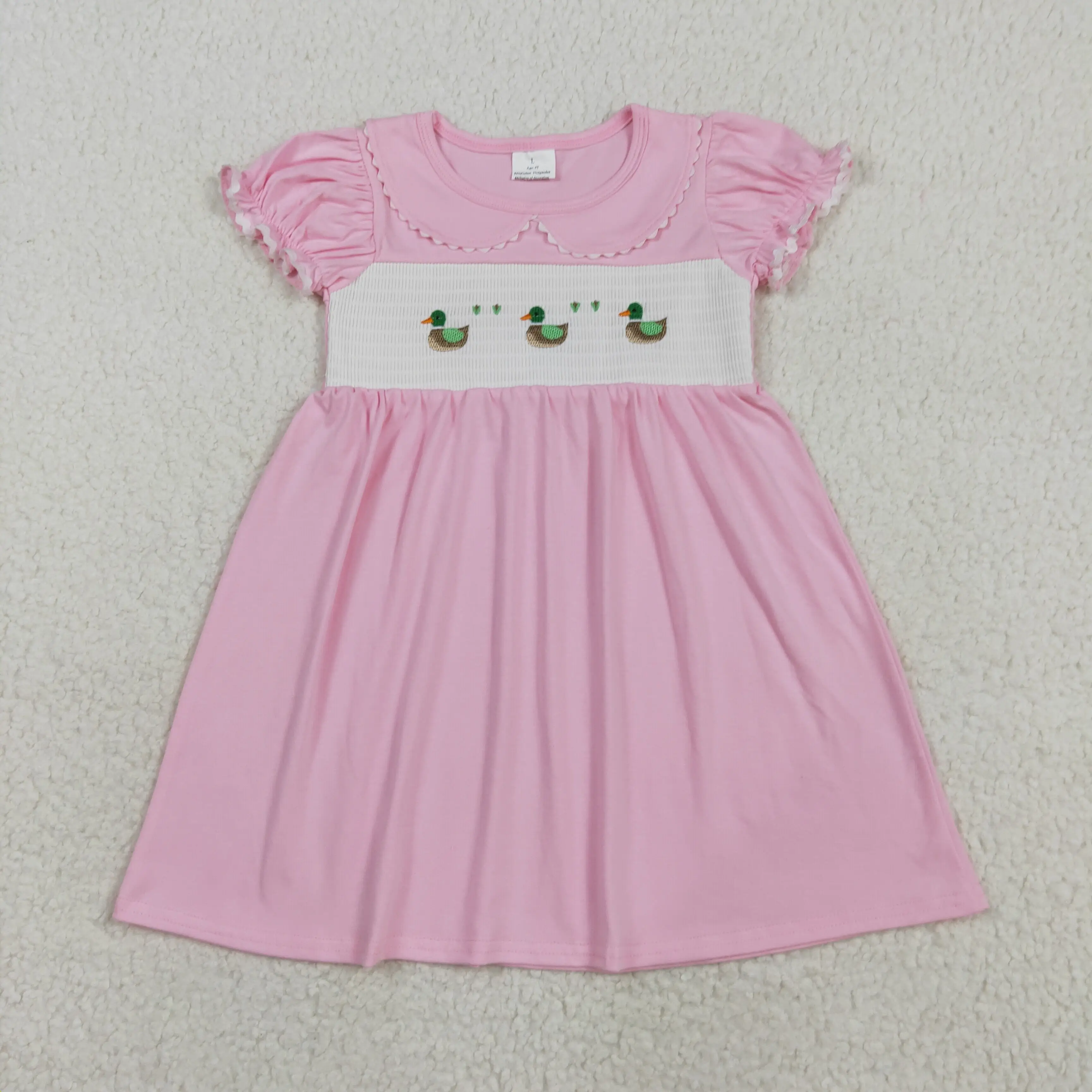 

Baby Girls Embroidery Knee-Length Dress Pink Ruffle Short Sleeves Duck Design Summer Dresses for Kids