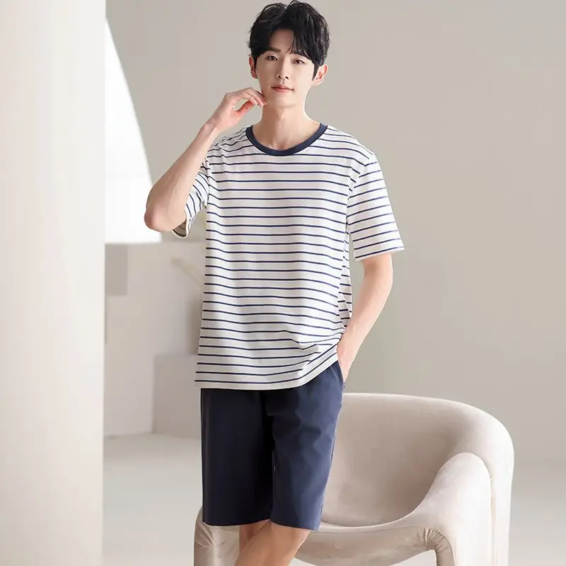2026 Summer Plus Size Short Sleeve Casual Striped Cotton Pajama Sets for Men Korean Loose Sleepwear Pyjama Male Homewear Clothes