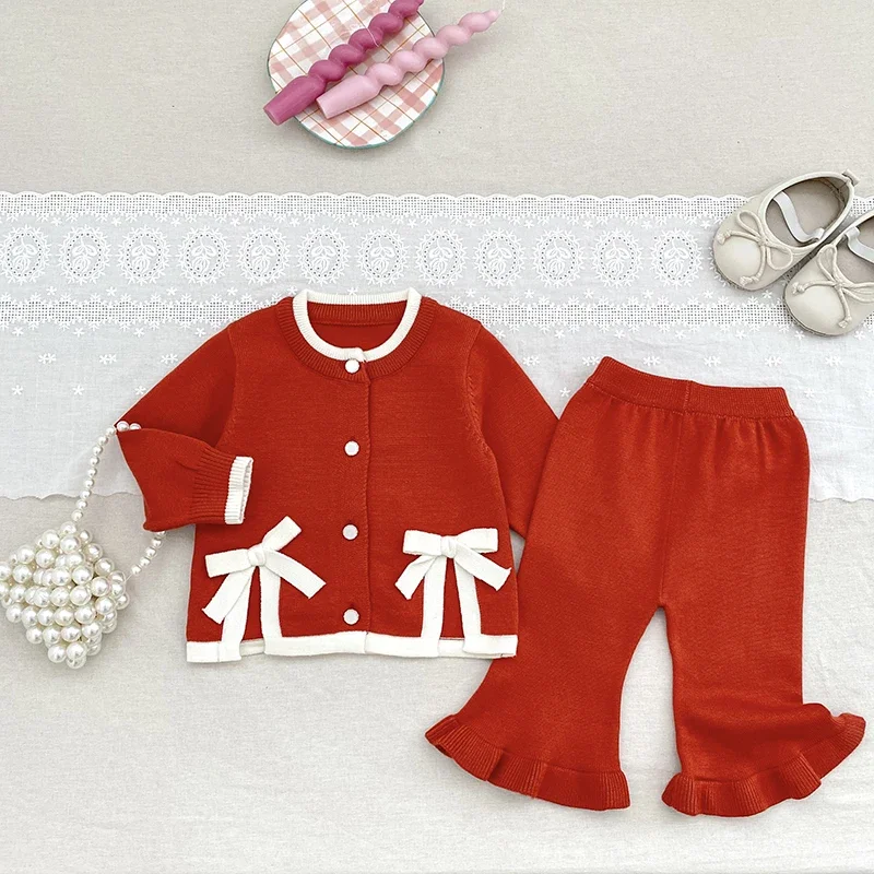 

2025 Christmas Toddler Knit Bow Suit Baby Girl Clothes Set Knitted Cardigan+Bell-bottoms Suit 2Pcs Infant Girls Clothing Suit