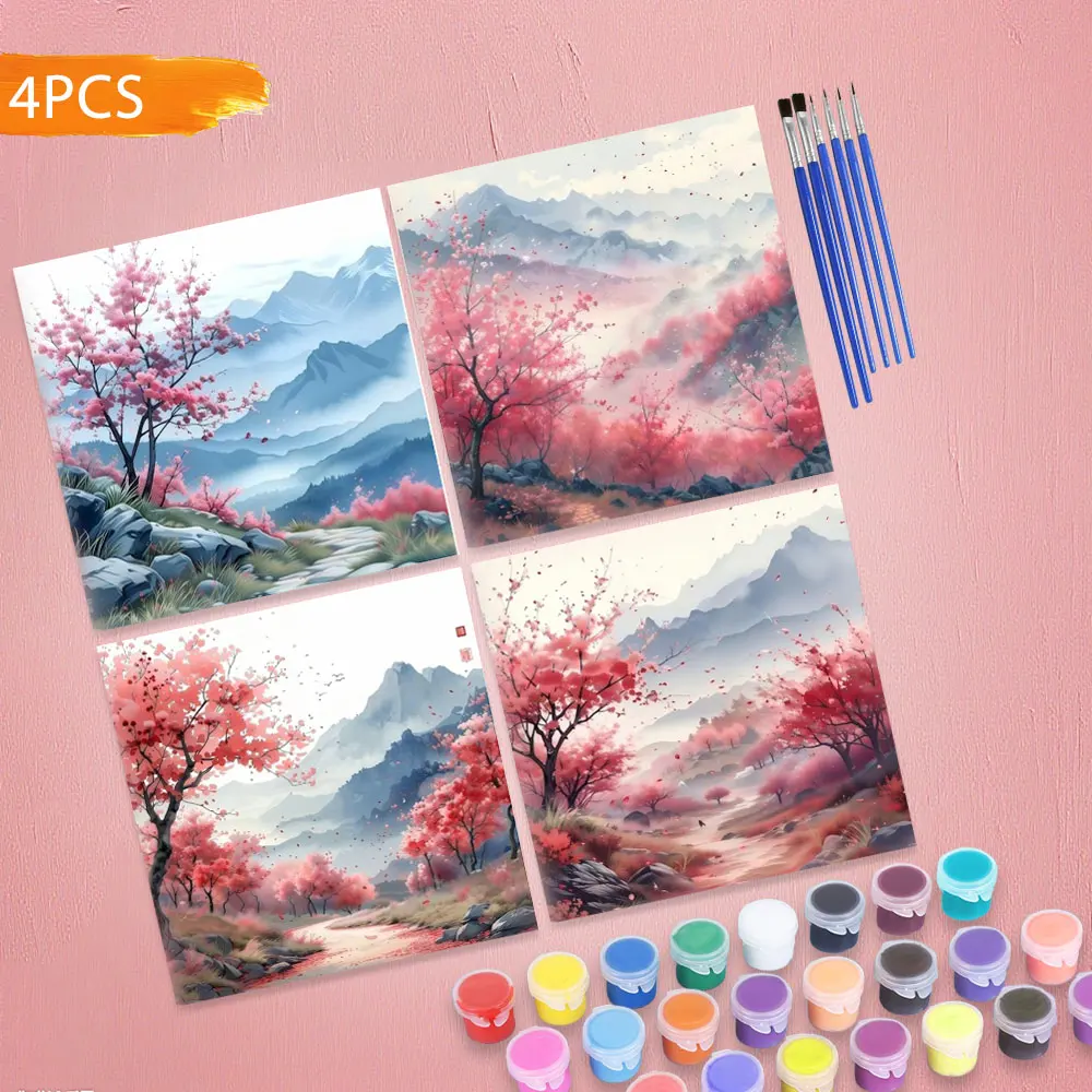 HUACAN 4PCS Berg Malen Nach Zahlen Landschaft Bilder Auf Leinwand Kirschblüte 5D Diy Wohnkultur
