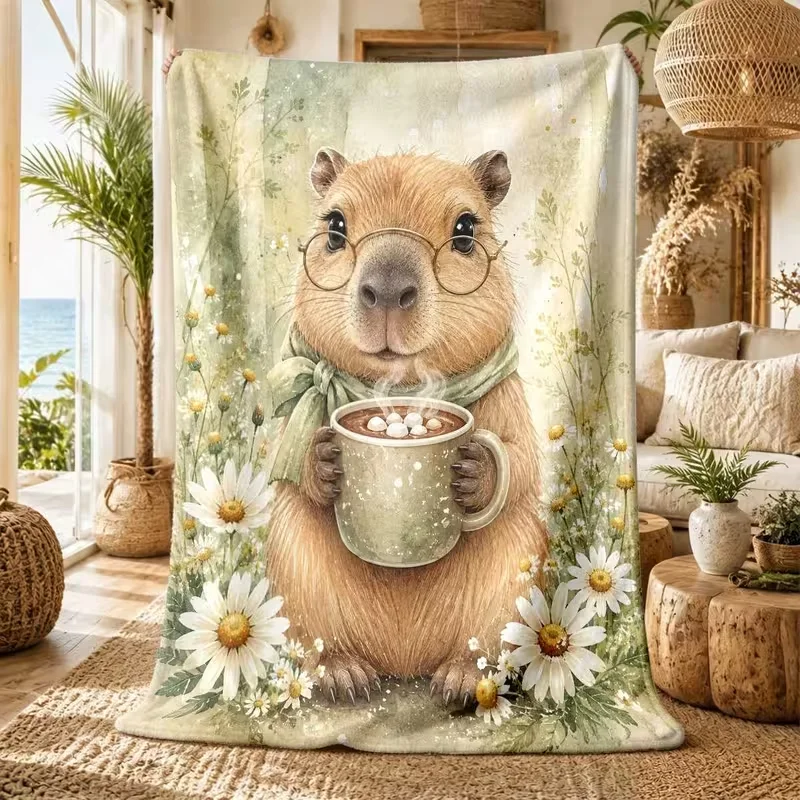 Cute Capybara Drinking Hot Cocoa Daisy Floral Throw Blanket Soft Cozy Warm Blanket Sofa Bed Nap Home Daily Use
