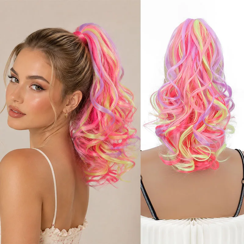 14Inch Synthetic Short Wavy Curly Colorful Ombre Ponytail Hair Extension Claw Clip in Hairpiece for Women Cosplay Party Use