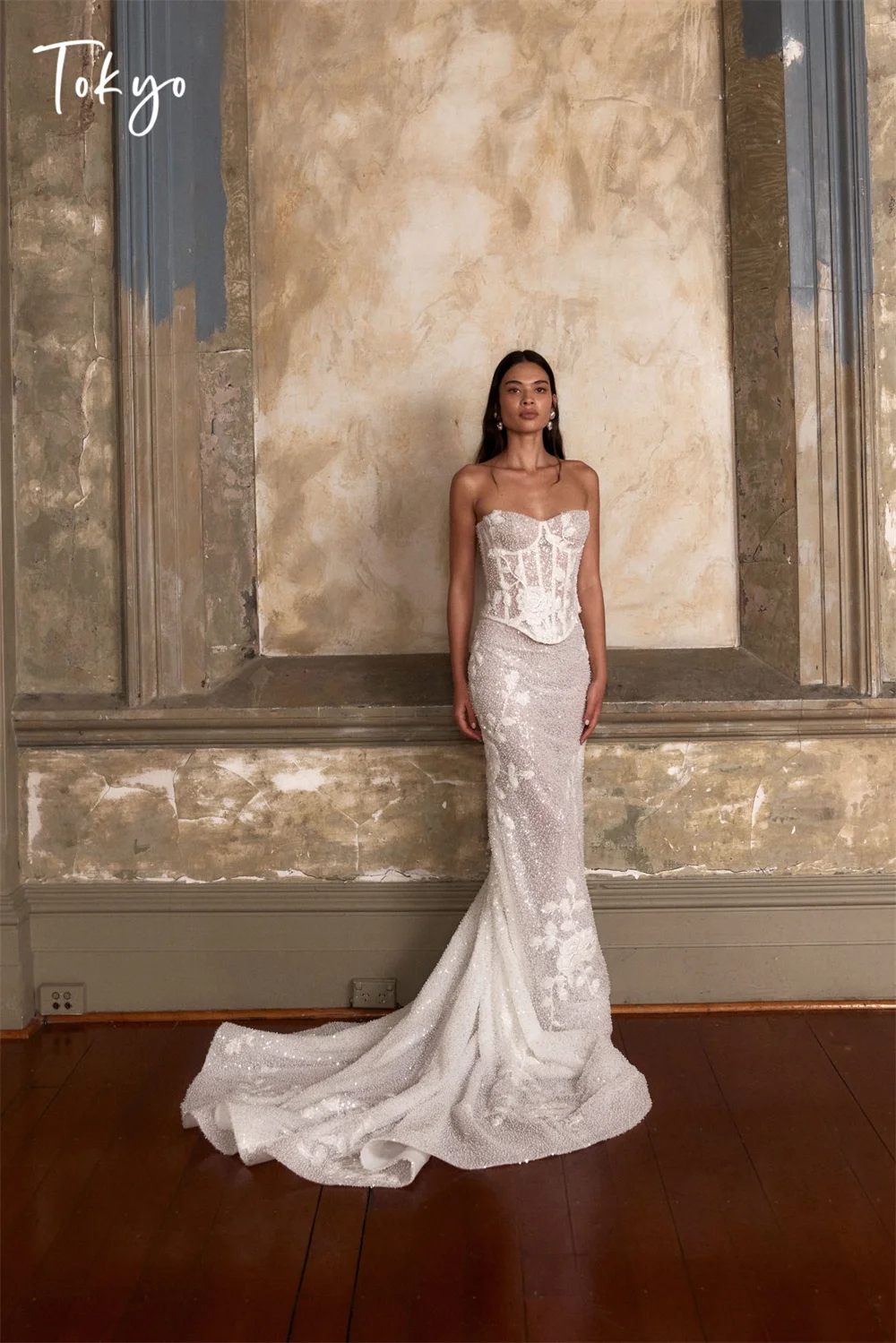 

Tokyo Customized Elegant Mermaid Wedding Dress One Shoulder Sleeveless Back Zip Lace Bridal Gown White Court Train Wedding Gown