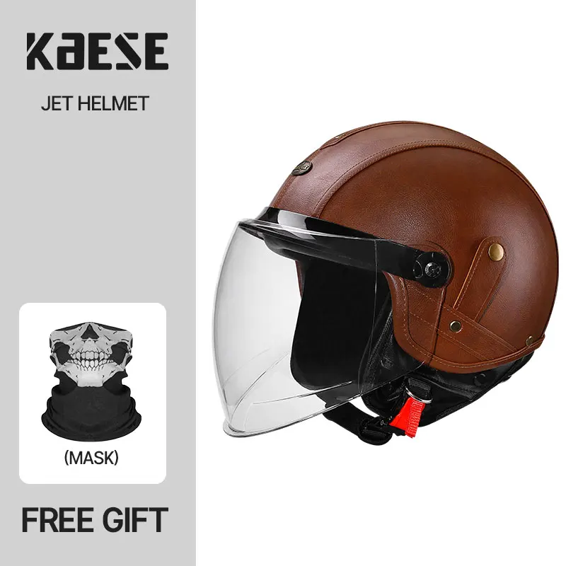 

Brown Leather 3/4 Open Face Motorcycle Helmet DOT Certified with Quick-Release Visors for Adult Man and Woman Off-Road Riding