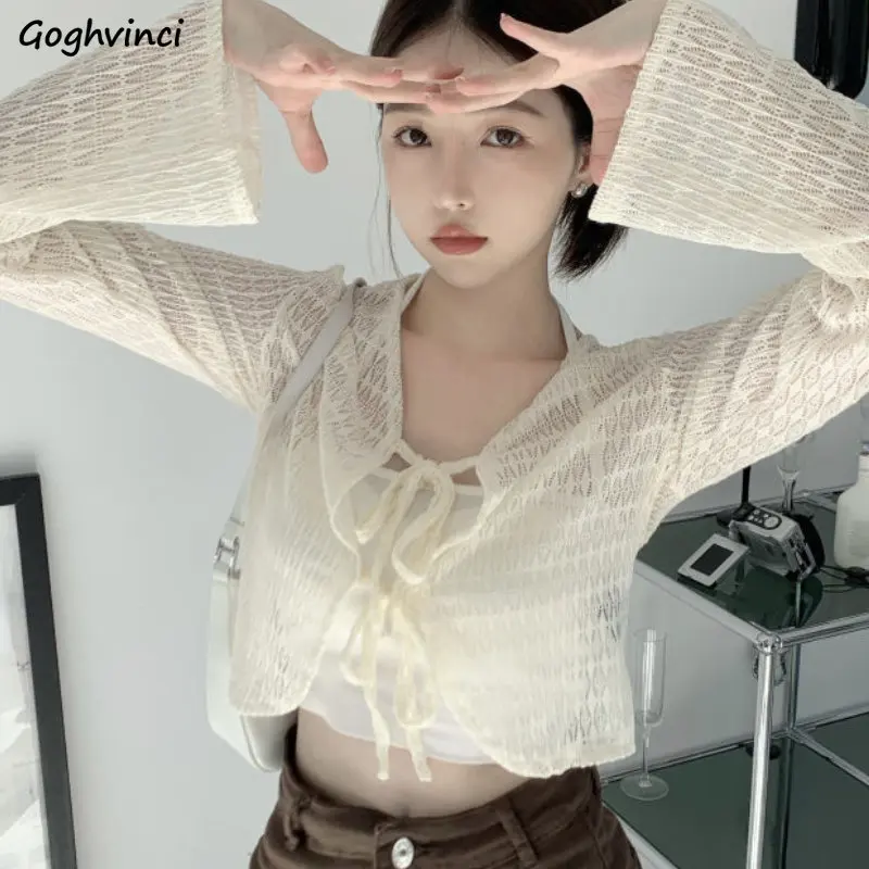 

Shirts Women See-through Casual Sun-proof Breathable Solid Korean Style O-neck Fit All-match Simple Fashion Females Cozy Summer