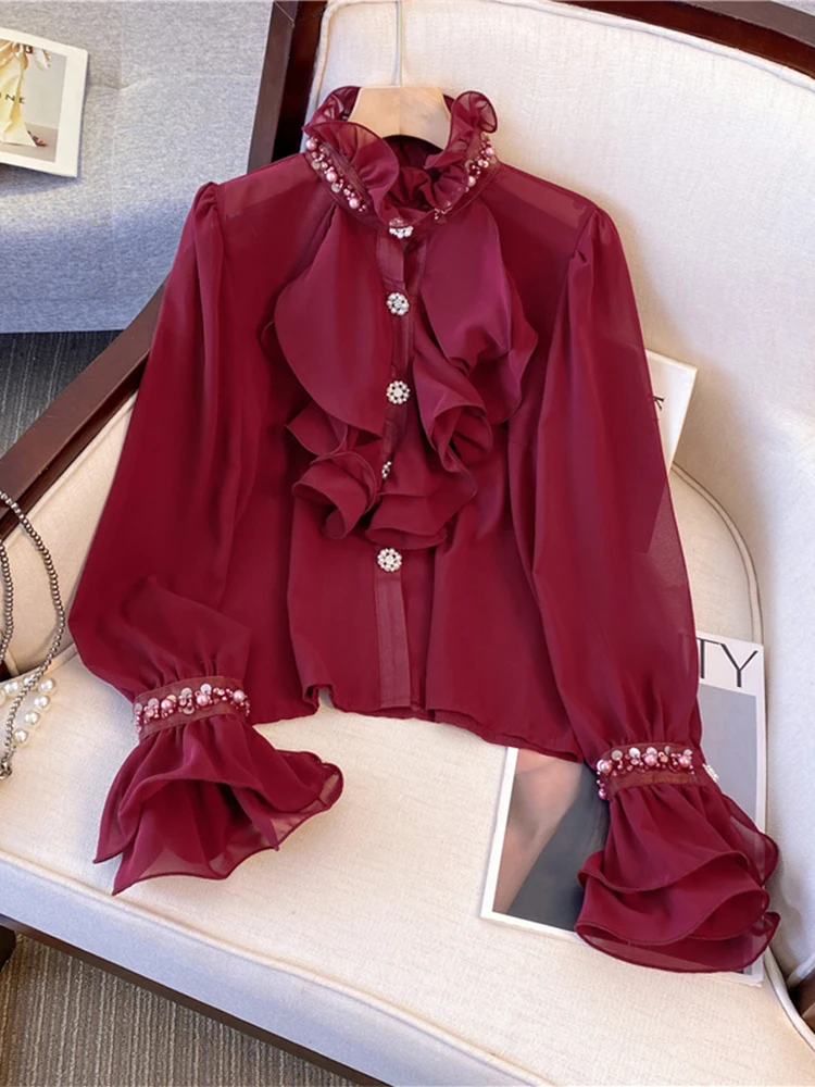 

Spring Vintage Women Chiffon Shirts Korean Fashion Loose Blouses Y2K Elegant Office Ladies Long Sleeve Outwear Tops New 2025