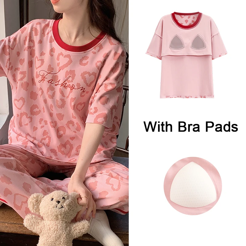 Heart Pattern Women Cotton Pajamas Short Sleeves Long Pants Chest Padded Pijamas Leisure Sleepwear Girl Pyjama Casual Loungewear