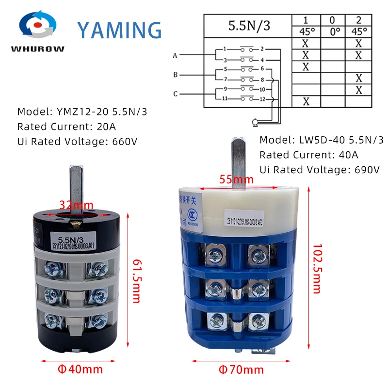 YMZ12-20A LW5D-40A 5.5N/3 Changeover Knob Rotary Cam Switch 3 Poles Positions Silver Contact Manual Control Forward Reverse