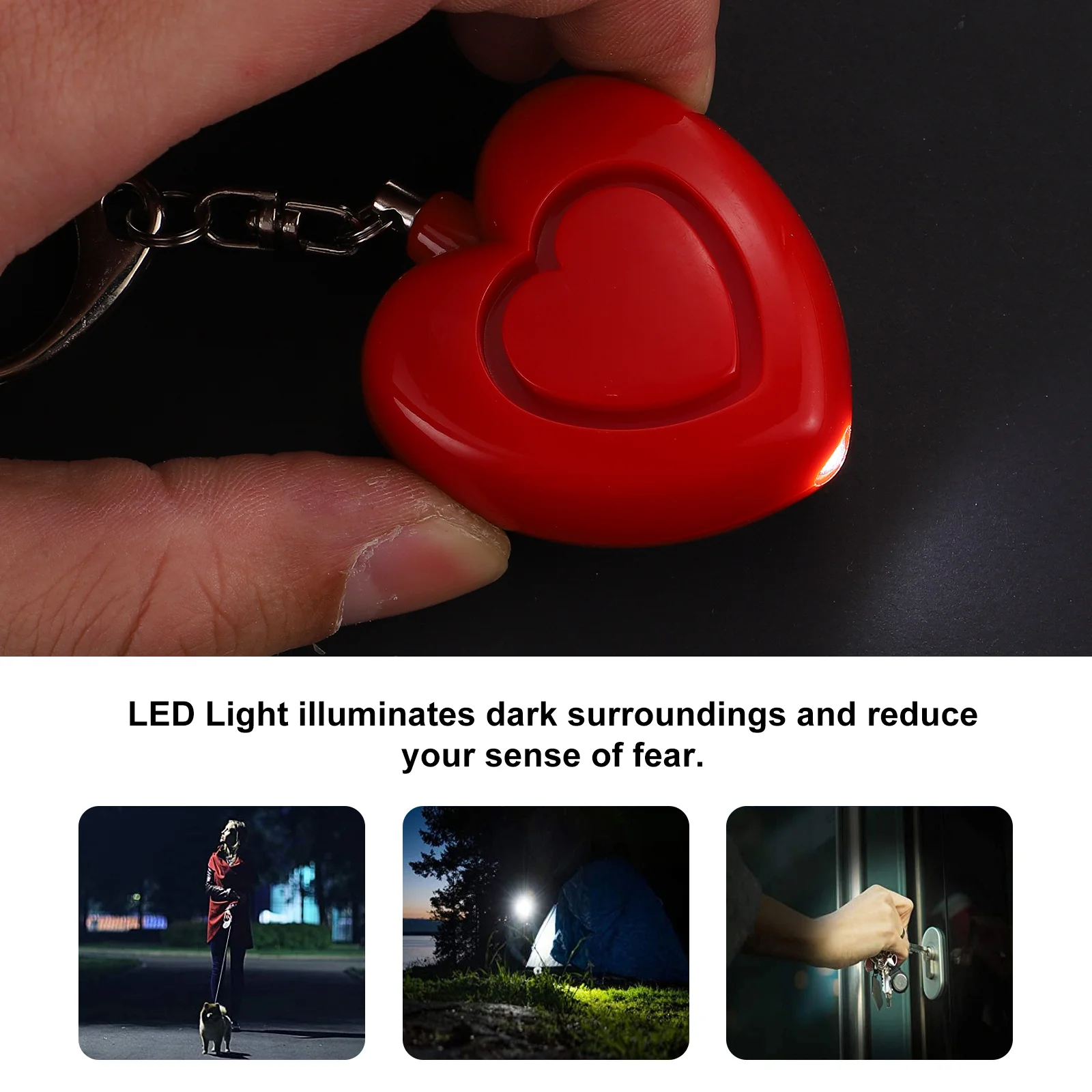 Anti Wolf Alarm Keychain Heart Shape Led Light Personal Security Alert For Women Seniors Students Night Workers
