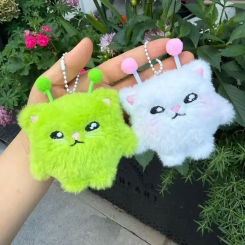 Fluffy Alien Cat Doll Plush Keychain Adorable Antenna Soft Furry Backpack Pendant Ornament Gift For Kids Girls-TOY
