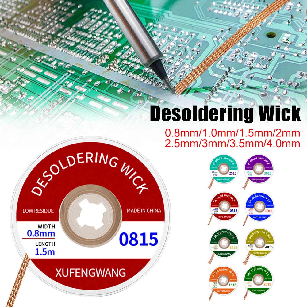 Solder Wick Braid, No Clean Flux, 0.8-4.0mm Width, Desoldering, Solder Remover Ribbon, Oxygen-free Copper Bobbin, 1.5m Long