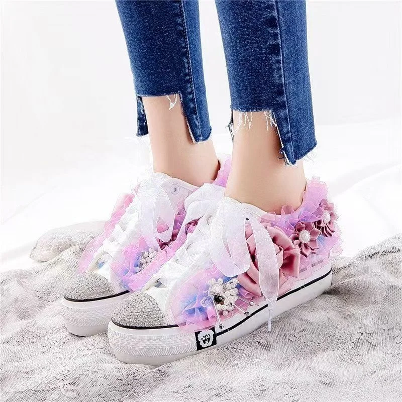 

Холщовая обувь с белым жемчугом и стразами, расшитая бисером и кисточками, удобная повседневная спортивная женская обувь ручной работы на заказ, размеры 35-40