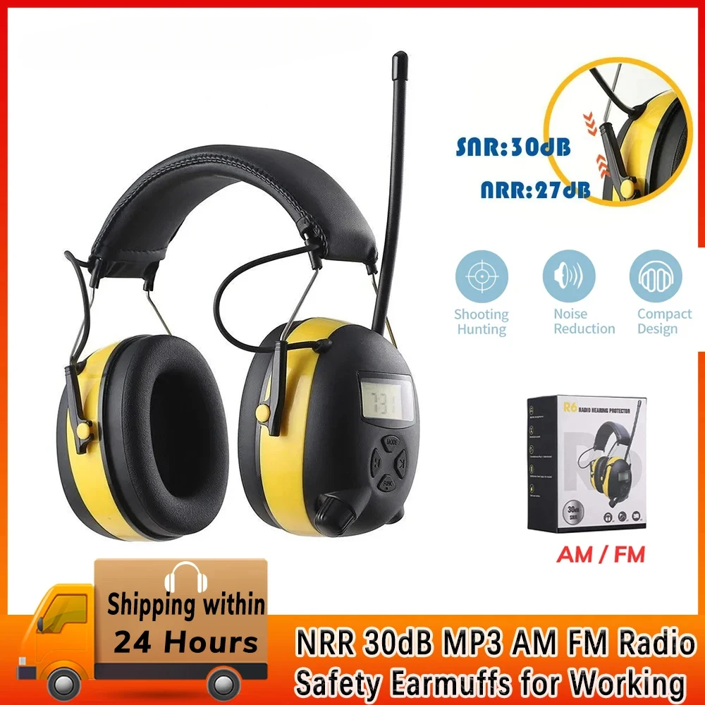 NRR 30dB MP3 AM FM Radio Hearing Protection Ear Muffs Electronic Ear Protector Noise Reduction Safety Earmuffs for Working