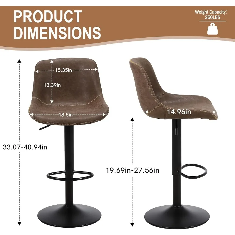 طقم مقاعد بار من 2 ، كراسي بارستول بارتفاع منضدة دوارة مع ظهر ، كراسي بار حديثة قابلة للتعديل ، جلد بو طويل القامة بدون ذراع ، مطبخ وبار