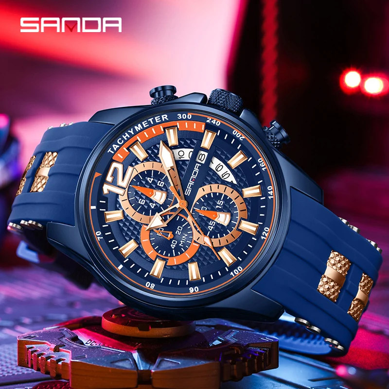 SANDA Top Men\'s Chronograph Analog Quartz Watch with Date, Luminous Hands, Waterproof Silicone Rubber Strap Wristswatch for Man