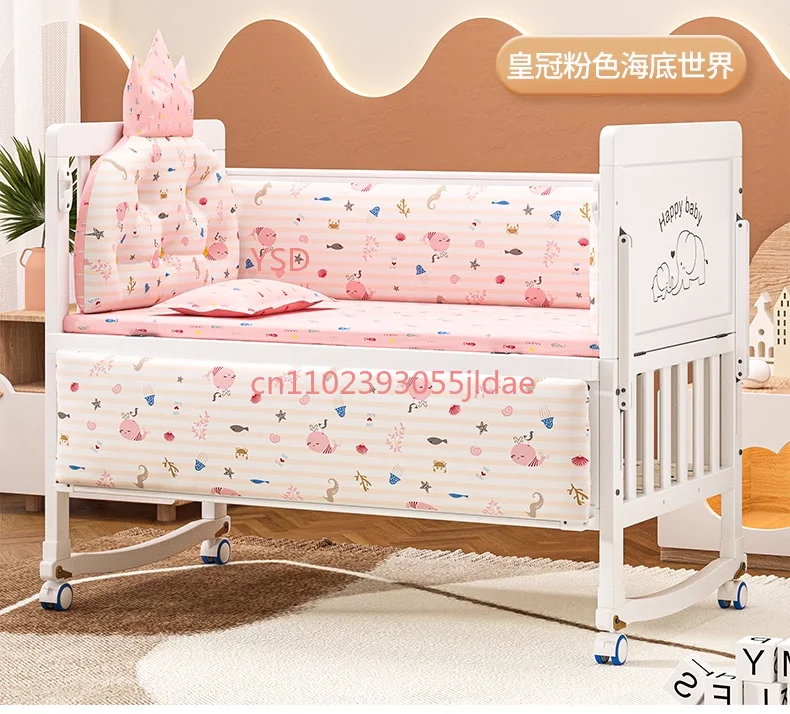 

6-in-1 Multifunctional Baby Crib Adjustable Height Cot Bed with Palm Mattress Bedding Set