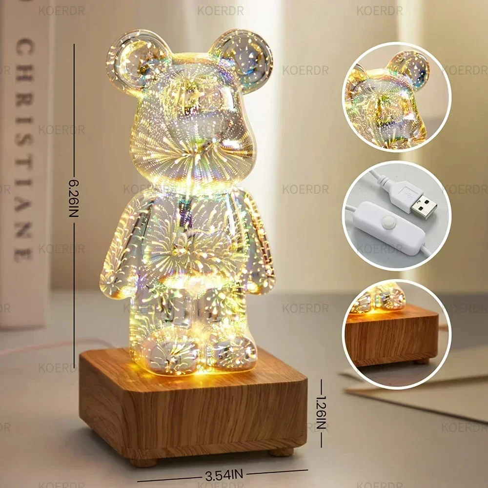 3D Fireworks Bear Night Light Projection Colorful USB Atmosphere Dimming Living Decorative Decor Room 3D Glass Fireworks Bedroom