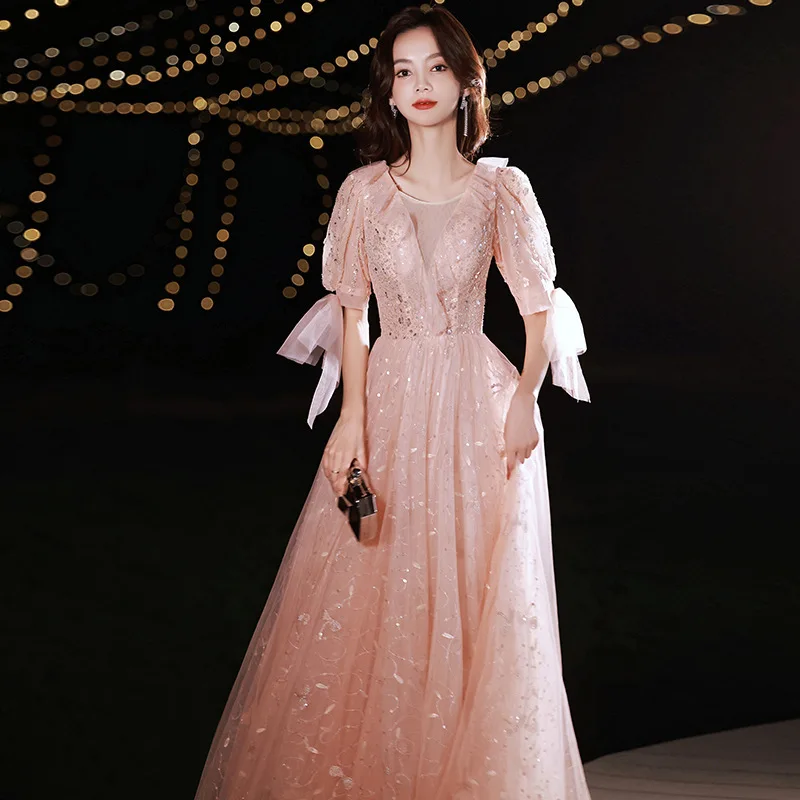 

Annual Meeting Evening Dress Women New Pink Temperament Banquet Puff Sleeve Graduation Long Gowns Shiny Sequins Party Dresses