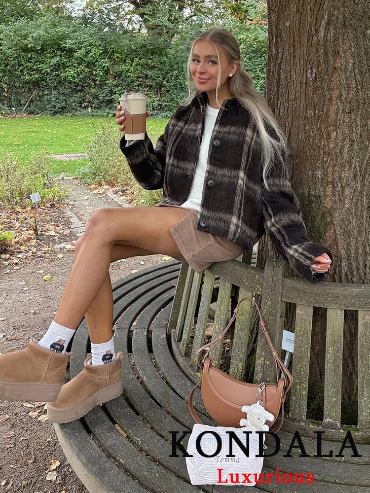 

KONDALA винтажные клетчатые свободные куртки женские с длинными рукавами и карманами на пуговицах пальто мода 2025 осень-зима плотная теплая верхняя одежда