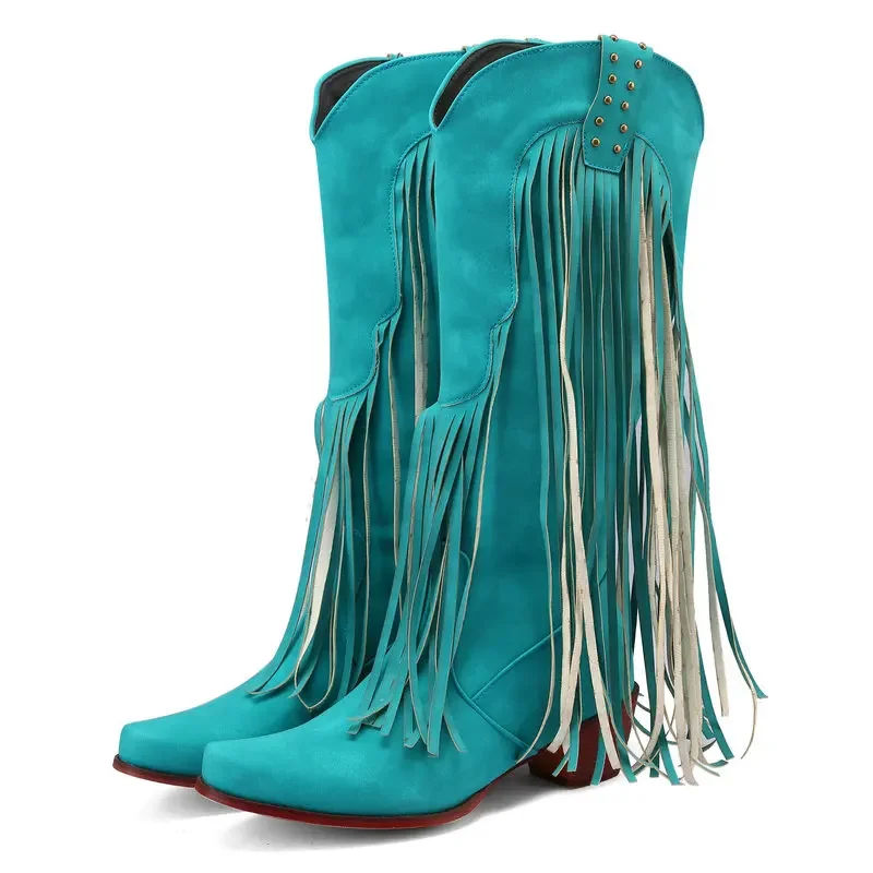 Curved Toe Green Blue Mid-calf Western Botines Shoes With Fringes American Cowboy Chunky Heels Winter Boots For Wide Calf Leg