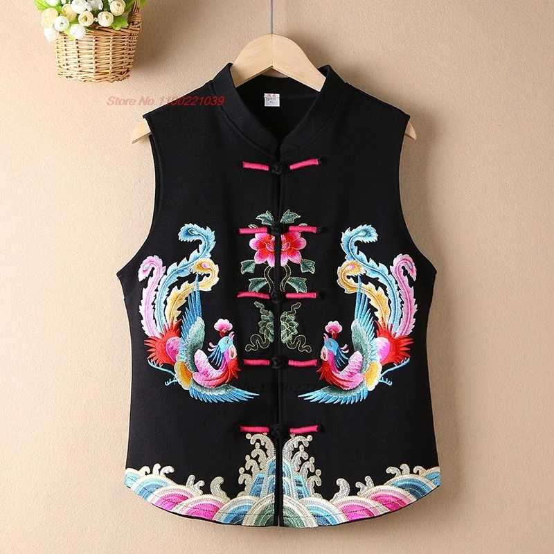 

Китайский винтажный жилет 2025 года, традиционная вышивка Феникса, народный жилет, этнические топы ханьфу, жилет с воротником-стойкой, ретро куртка без рукавов