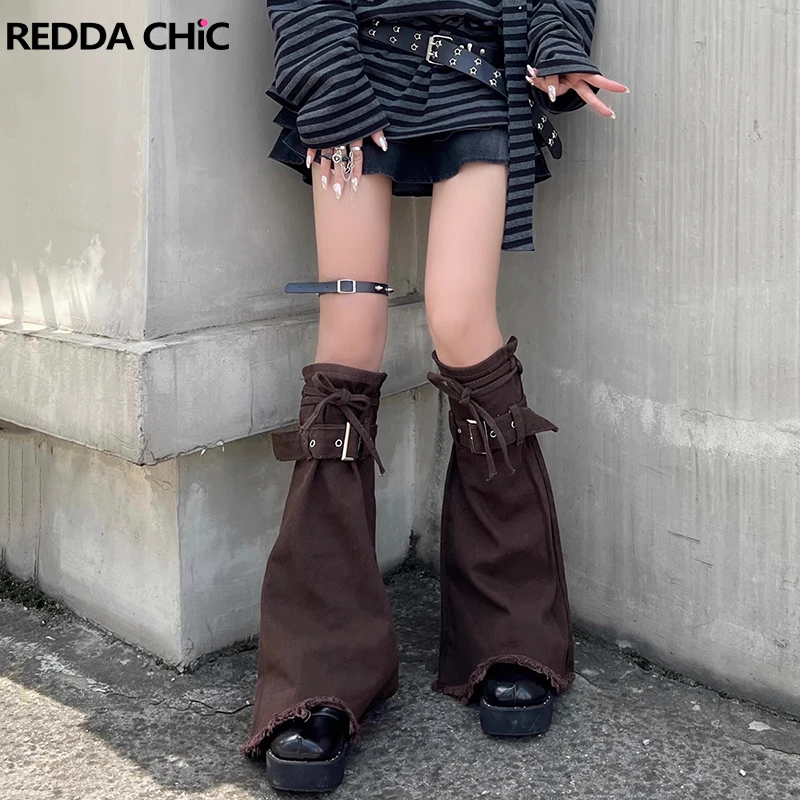 

REDDACHiC 90s Retro Denim Leg Warmers Women Plain Brown Cowgirl Knee-long Socks Steampunk Belted Boots Cover Y2k Vintage Clothes