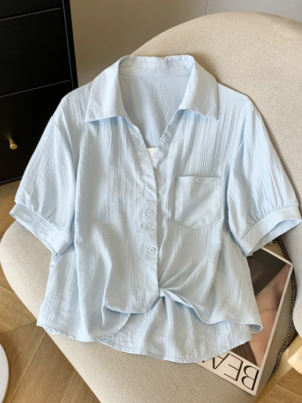 

Blue Neck Short Sleeve Shirt Women's Summer Loose Splicing Slimming Shirt Anti-Aging Top Original Design Polyester