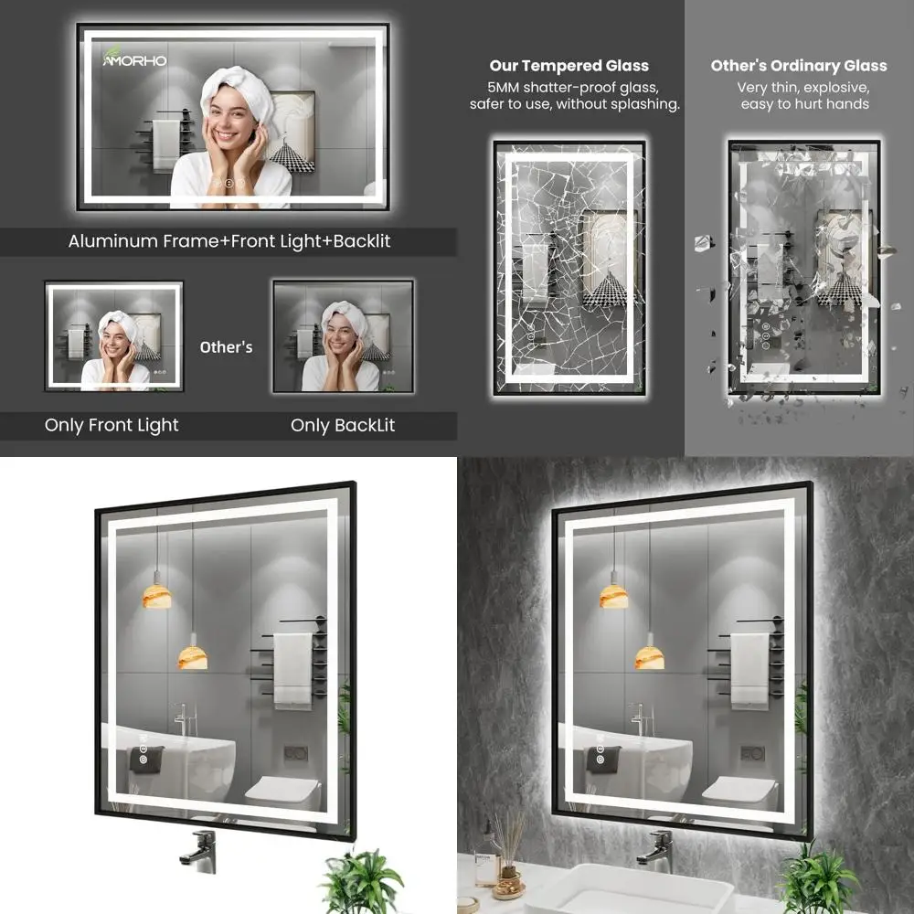 مرآة حمام LED سوداء مقاس 36 × 30 بوصة مع إضاءة أمامية وخلفية، يعتم، مضادة للضباب، مقاومة للكسر، ذاكرة ملونة، LED مزدوجة #1