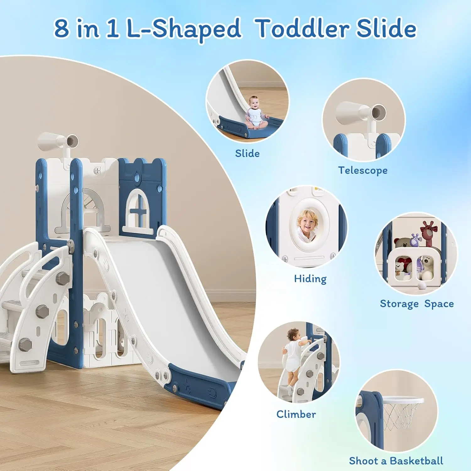 バスケットボールフープ付きの屋内と屋外の遊び場、1〜3歳の子供用スライド、クライマースライダー、収納とテスト、6 in 1