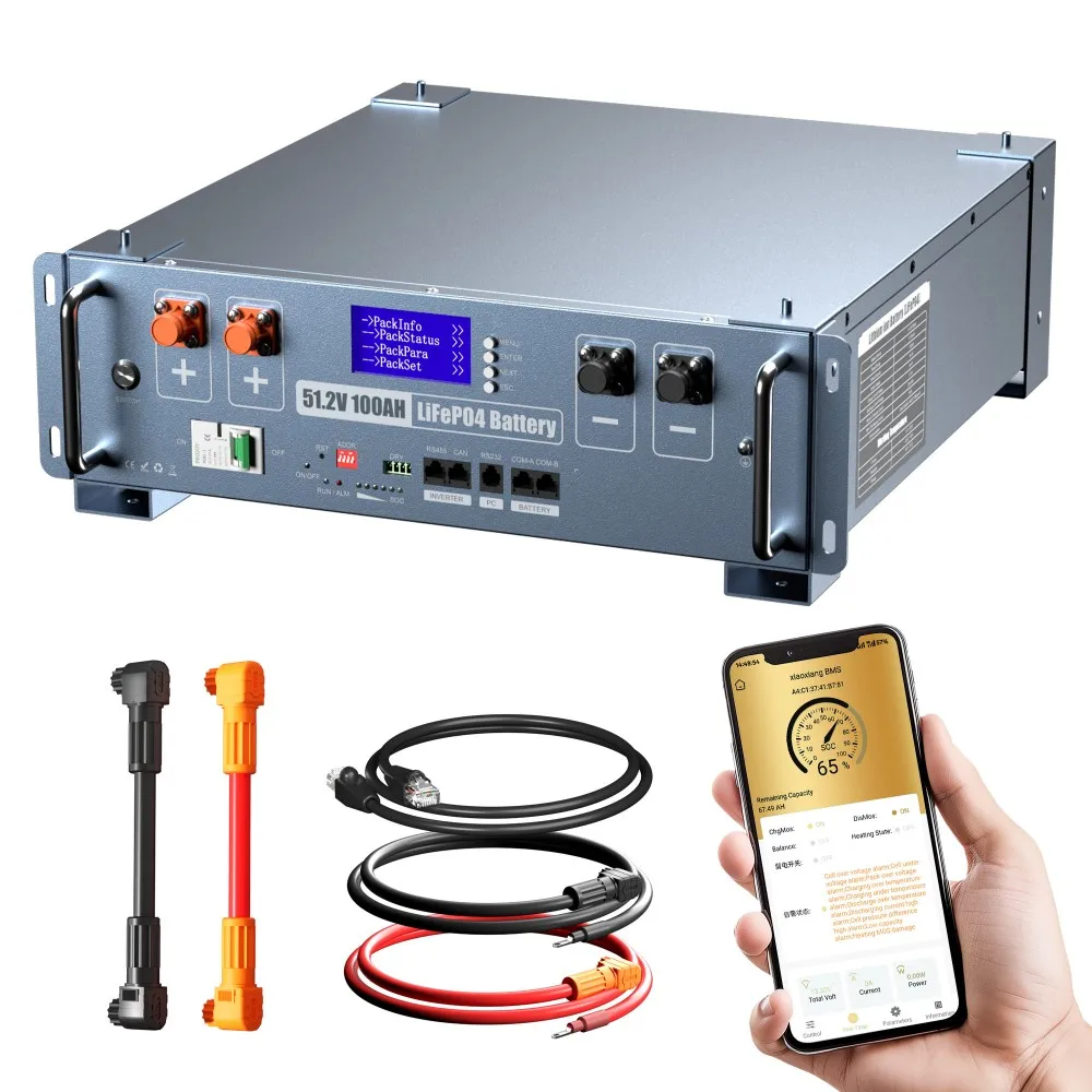 بطارية ليثيوم LiFePO4 48 فولت 100 أمبير في الساعة، جهاز تحكم عن بعد واي فاي 100 أمبير، بلوتوث BMS 8000+ دورات، بحد أقصى. طاقة 5.12 كيلو وات للنظام الشمسي خارج الشبكة
