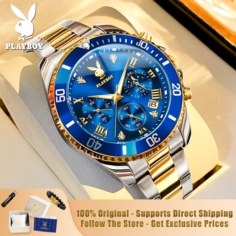 PLAYBOY 3506 Brand original authentic watches for man luxury Gift Box Solid steel belt chronograph calendar quartz men's watch