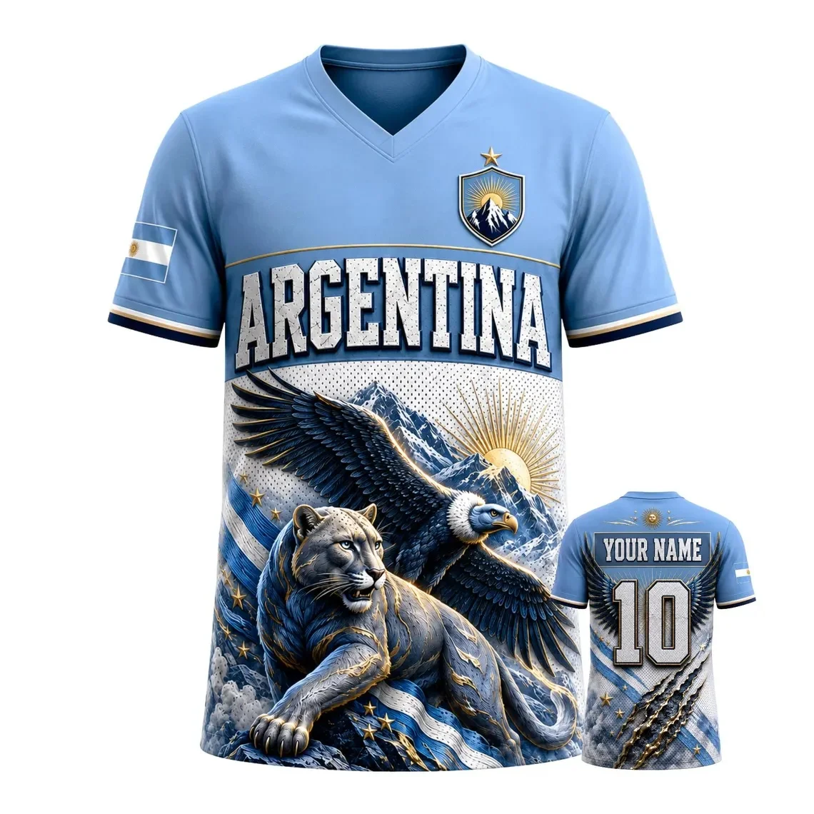 Argentina Name Patch 3D Jersey, Hybrid Mesh V-Neck Custom Country Fan Shirt Gift, Short Sleeve Summer Unisex T-shirt
