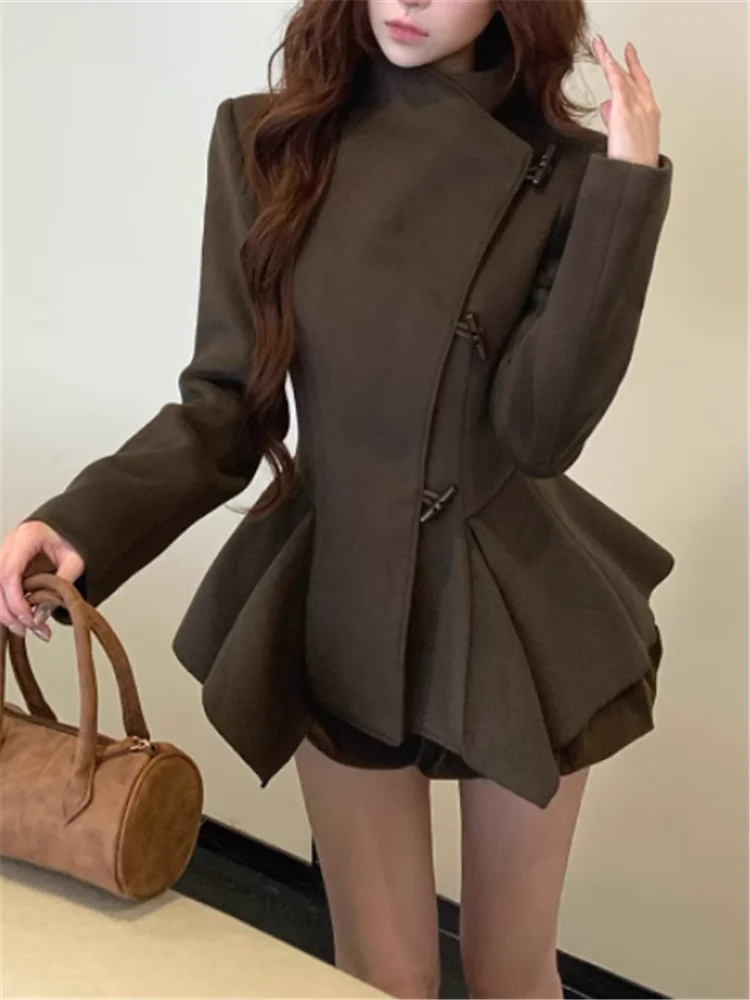 

British Style Retro Irregular A Line Woolen Coat Elegant Women Luxury Slim Waist Jacket Winter Stand Collar Horn Button Outwear