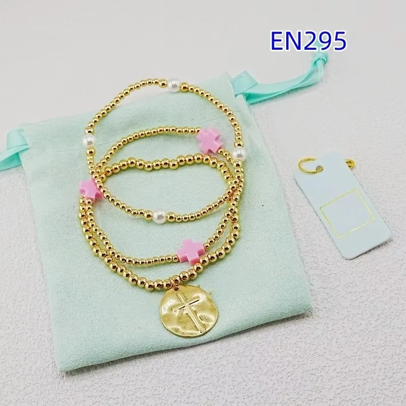 YEEVAA Gold Bead Stretch Bracelet, Pink Cross Faux Pearl Coin Cross Charm Stackable Elastic Bracelet Women Faith Jewelry