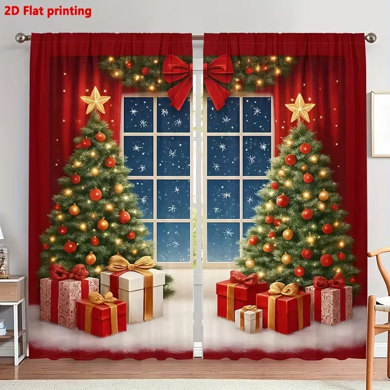 Christmas decoration-2Pcs-Christmas tree print curtains,suitable for bedroom,living room,home decoration,window decoration