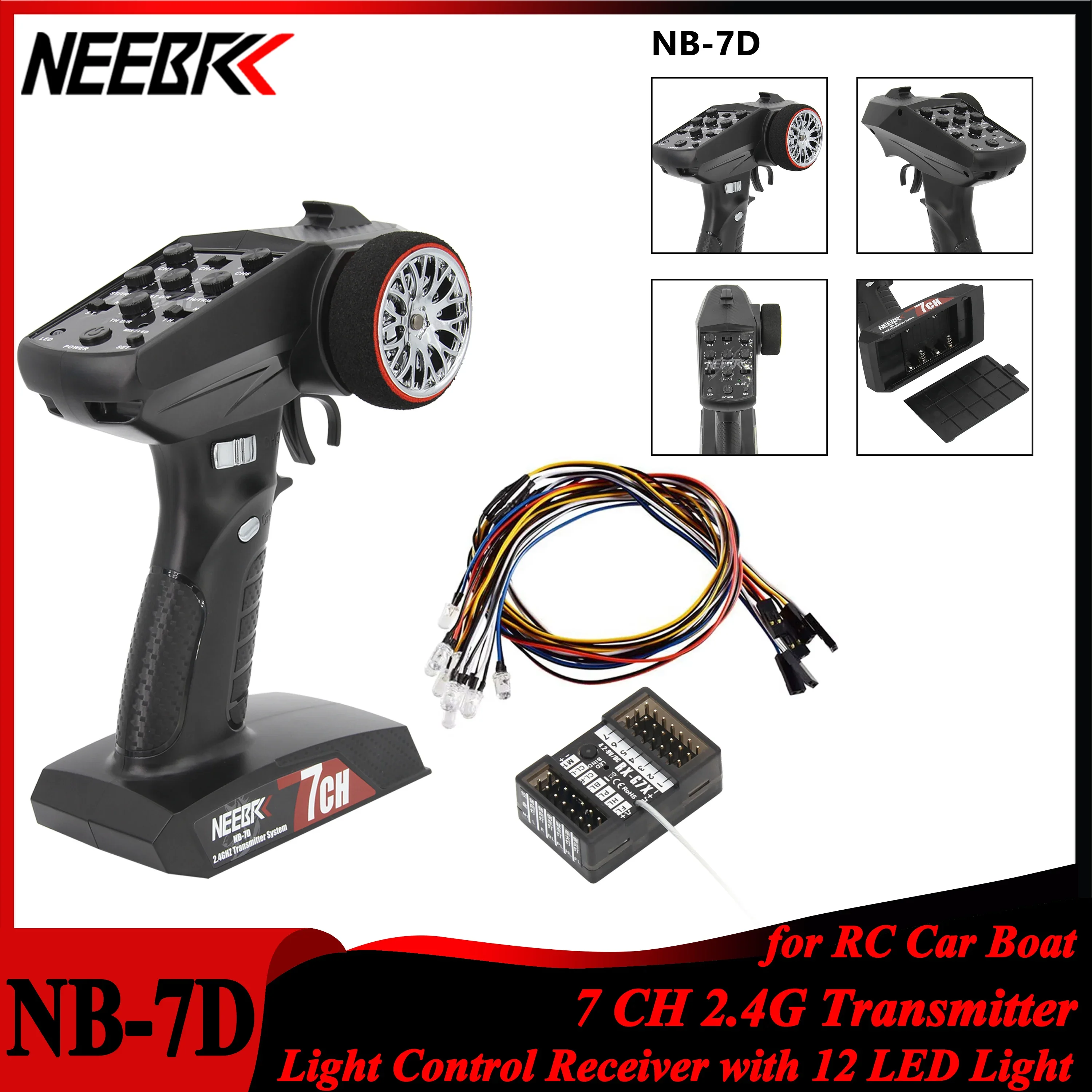 

NEEBRC 7CH 2.4Ghz 7 Channel Transmitter Light Control Receiver 12 LED Light Radio System Remote Controller for RC Car Boat DIY