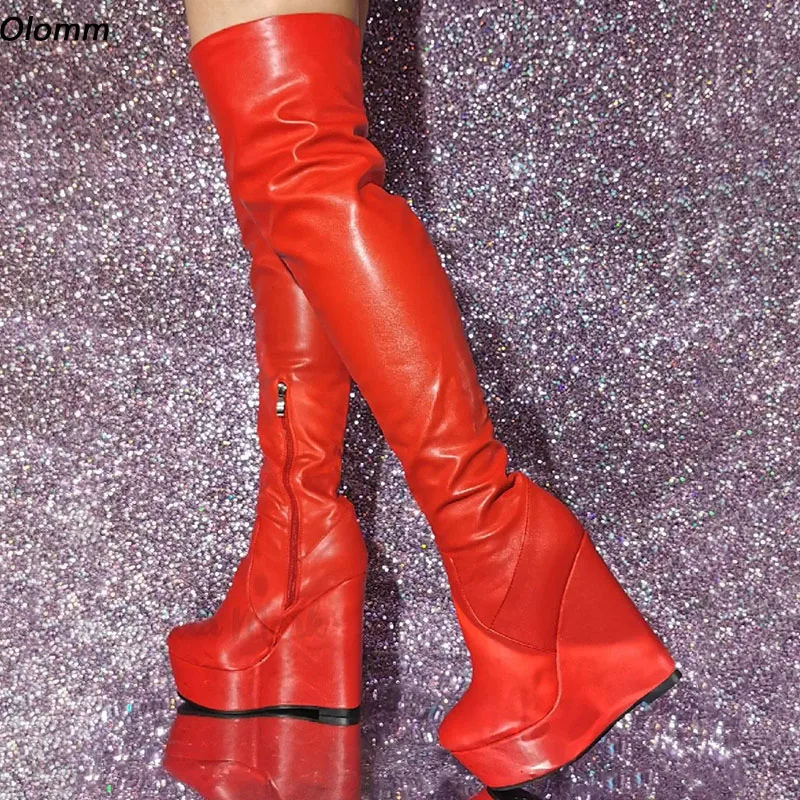 

Olomm Handmade Women Over Knee Boots Wedges Heels Round Toe Red Orange Pink Club Wear Shoes Womaen Plus US Size 5-20