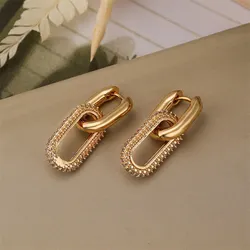 Retro Double Loop Oval Design Embed Zircon Drop Earrings Gold /Silver Color Quadrate Earrings for Women Punk Fashion Jewelry