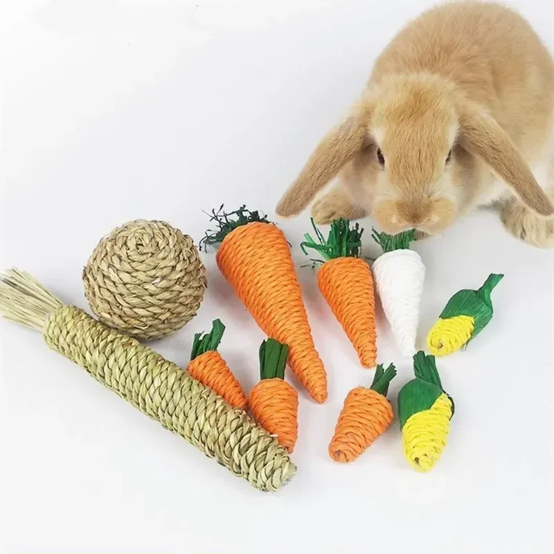 Hamster Rabbit Chew Toy Bite Grind Teeth Toy Corn Carrot Woven Balls for Tooth Cleaning Radish Molar Toys Funny Pet Supplies