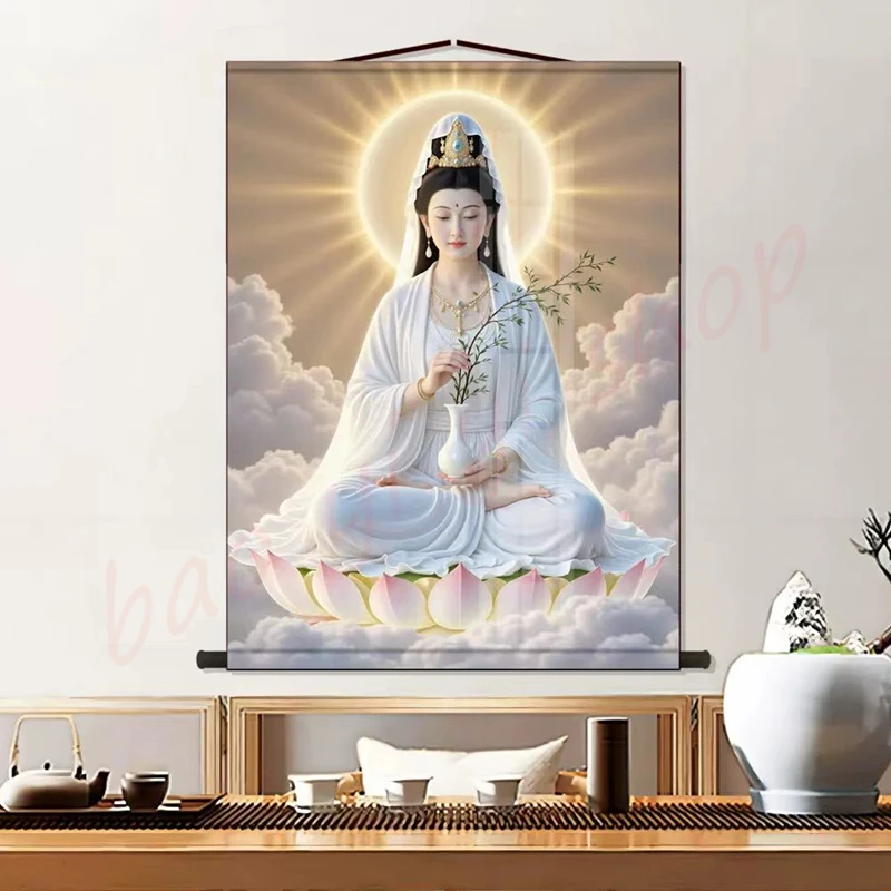 

Портрет Гуаньинь в белой одежде, подвесные картины для проживания мира в буддийских холмах, шелковые прокрутки для Auspicio